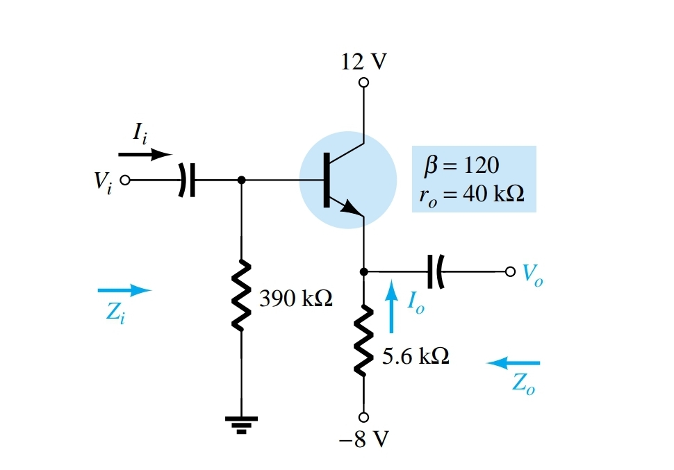 12 V
B = 120
ro = 40 kQ
V
390 k2
Z;
5.6 k2
Z.
-8 V
