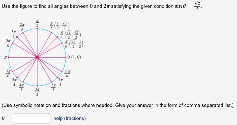 Use the figure to find all angles between 0 and 2π satisfying the given condition sin θ
3 2 2
6 2 2
7n
(Use symbolic notation and fractions where needed. Give your answer in the form of comma separated list.)
help (fractions)
