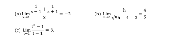 1
X- 1
x+1
(a) Lim
(b) Lim
h-0 V5h + 4 - 2
= -2
t3
-
(c) Lim
t-1 t-1
= 3.

