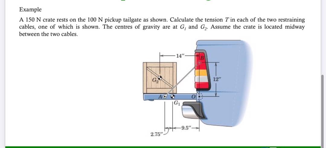 Example
A 150 N crate rests on the 100 N pickup tailgate as shown. Calculate the tension T in each of the two restraining
cables, one of which is shown. The centres of gravity are at G, and G,. Assume the crate is located midway
between the two cables.
12"
-9.5"
2.75"-

