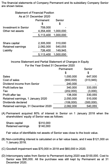 The financial statements of Company Permanent and its subsidiary Company Senior
are shown below.
Statement of Financial Position
As at 31 December 2020
Permanent
24
Senior
Investment in Senior
759,000
Other net assets
4,354,400 1,000,000
5,113,400 1,000,000
2,305,000
Share capital
Retained earnings
310,000
540,055
149,945
2,082,000
Liability
726,400
5,113,400 1,000,000
Income Statement and Partial Statement of Changes in Equity
For the Year Ended 31 December 2020
Permanent
Senior
2$
Sales
1,000,000
(900,000)
240,000
340,000
647.000
Cost of sales
(313,945)
Dividend income from Senior
Profit before tax
333,055
Тах
(202,000)
138,000
(3,000)
330,055
Profit after tax
Retained earnings, 1 January 2020
2,050,000
510,000
(300,000)
540,055
Dividends declared
(106,000)
Retained earnings, 31 December 2020
2,082,000
(A) Permanent acquired 80% of interest in Senior on 1 January 2018 when the
shareholders' equity of Senior was as follows:
Share capital
Retained earnings
$310,000
$140,000
Fair value of identifiable net assets of Senior was close to the book value.
(B) Non-controlling interest is calculated on a fair value basis, and it was $121,000 on
1 January 2018.
(C) Goodwill impairment was $70,000 in 2018 and $60,000 in 2020.
(D) Intercompany sales from Senior to Permanent during 2020 was $100,000. Cost to
Senior was $90,000. All the purchase was still kept by Permanent as at 31
December 2020.

