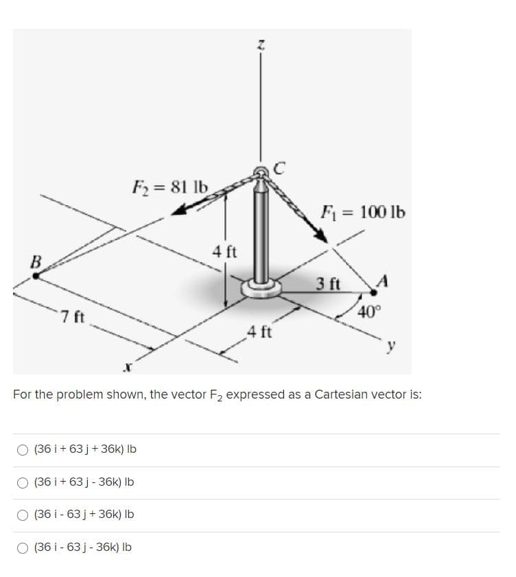 F2 = 81 lb
F = 100 lb
4 ft
B
3 ft
40°
7 ft
4 ft
For the problem shown, the vector F2 expressed as a Cartesian vector is:
