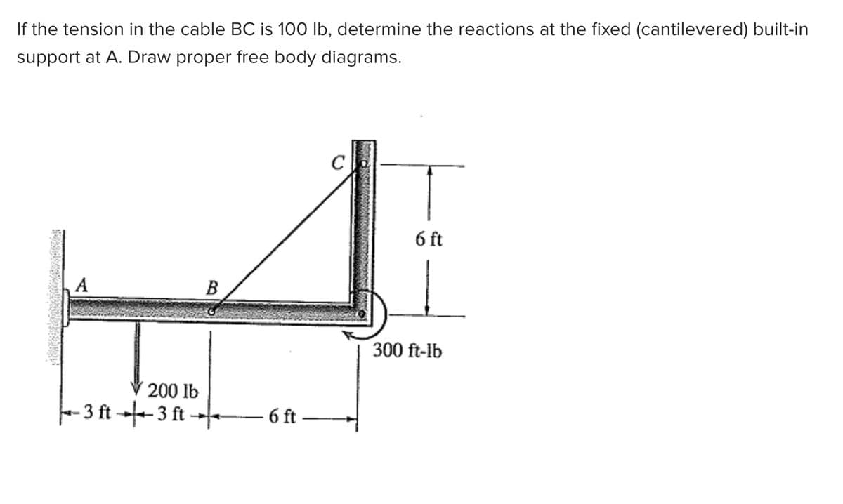 If the tension in the cable BC is 100 Ib, determine the reactions at the fixed (cantilevered) built-in
support at A. Draw proper free body diagrams.
C
6 ft
A
В
300 ft-lb
200 lb
-
3 ft - 3 ft
-6 ft
