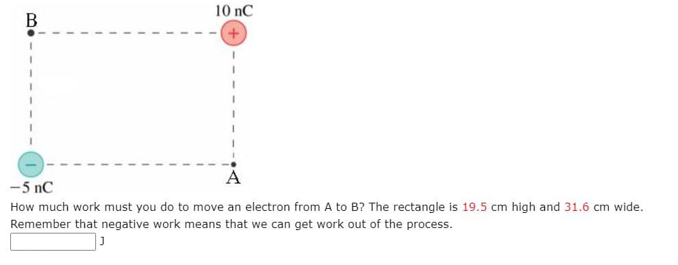 How much work must you do to move an electron from A to B? The rectangle is 19.5 cm high and 31.6 cm wide.
Remember that negative work means that we can get work out of the process.
