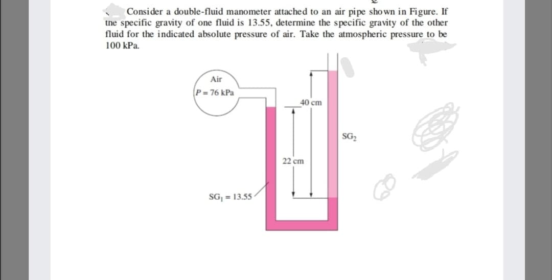 Consider a double-fluid manometer attached to an air pipe sho wn in Figure. If
the specific gravity of one fluid is 13.55, determine the specific gravity of the other
fluid for the indicated absolute pressure of air. Take the atmospheric pressure to be
100 kPa.
Air
P= 76 kPa
40 cm
SG2
22 cm
SG = 13.55

