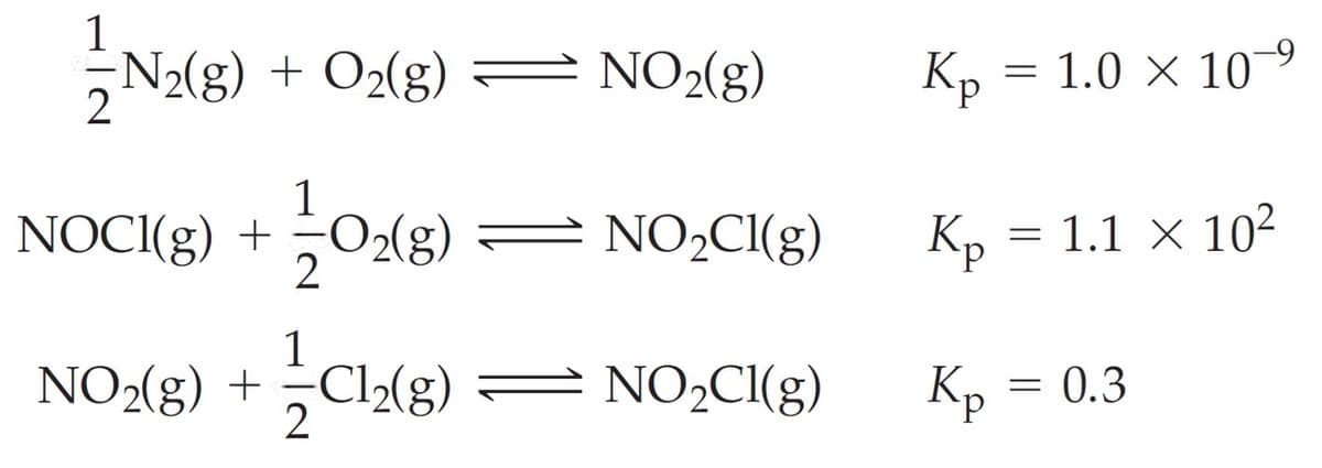 N2(g) + O2(g) = NO2(g)
Kp = 1.0 × 10–9
NOCI(g) + O2(g) = NO2CI(g)
2
Kp = 1.1 × 10²
NO2(g) + Cl2(g)
2
NO2CI(g)
Kp = 0.3
