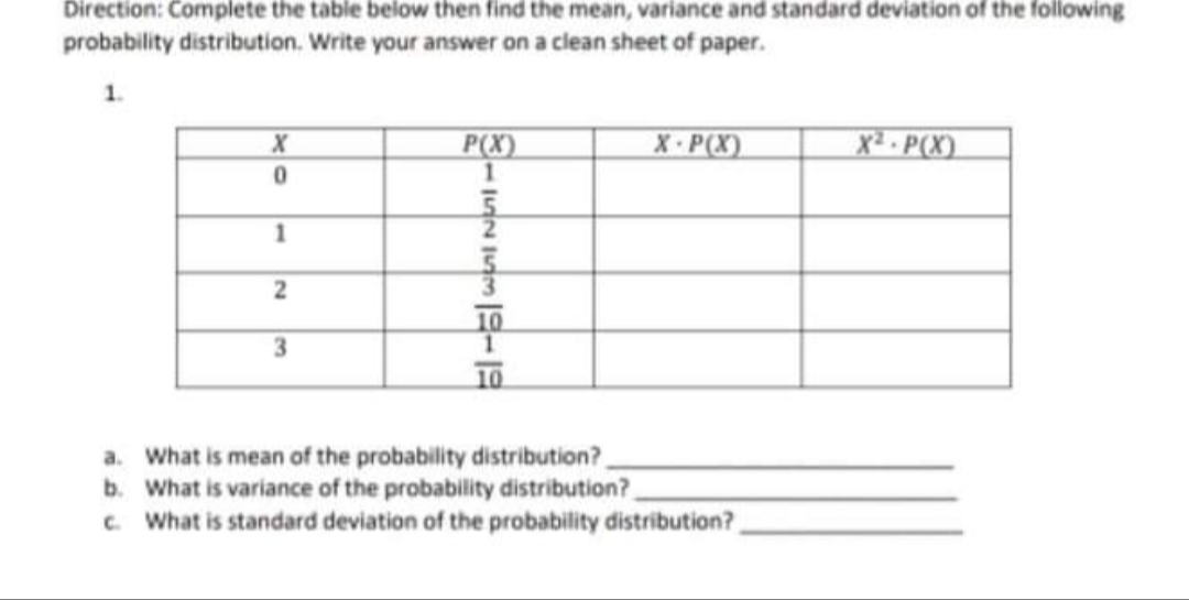 Direction: Complete the table below then find the mean, variance and standard deviation of the following
probability distribution. Write your answer on a clean sheet of paper.
1.
P(X)
X. P(X)
X2 - P(X).
1
a. What is mean of the probability distribution?,
b. What is variance of the probability distribution?
C. What is standard deviation of the probability distribution?
