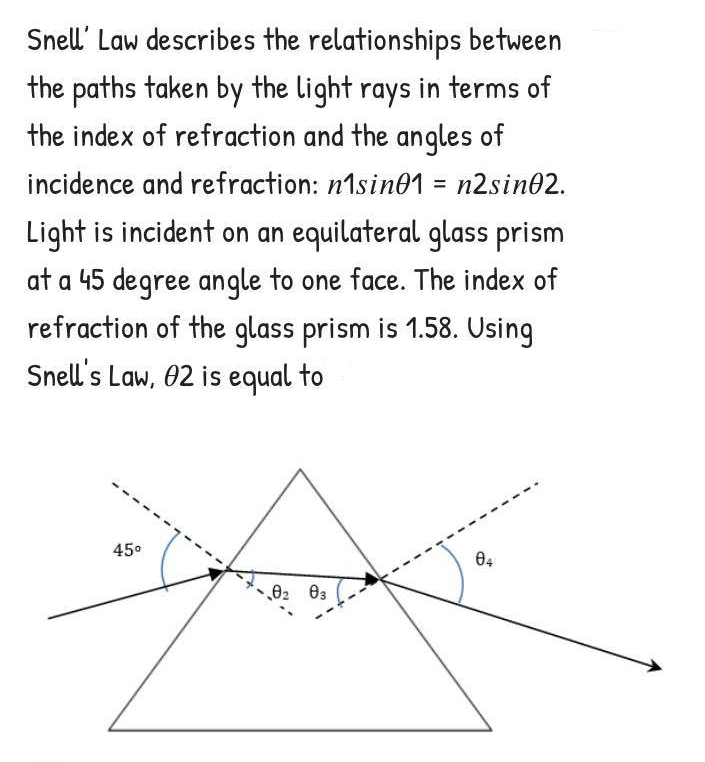 Snell' Law describes the relationships between
the paths taken by the light rays in terms of
the index of refraction and the angles of
incidence and refraction: n1sin01 = n2sin02.
Light is incident on an equilateral glass prism
at a 45 degree angle to one face. The index of
refraction of the glass prism is 1.58. Using
Snell's Law, 02 is equal to
45°
04
02 03
