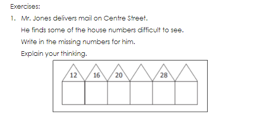 Exercises:
1. Mr. Jones delivers mail on Centre Street.
He finds some of the house numbers difficult to see.
Write in the missing numbers for him.
Explain your thinking.
(12
16
20
28
