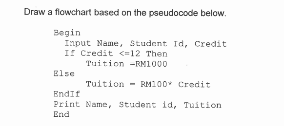 Draw a flowchart based on the pseudocode below.
Begin
Input Name, Student Id, Credit
If Credit <=12 Then
Tuition =RM1000
Else
Tuition = RM100* Credit
EndIf
Print Name, Student id, Tuition
End
