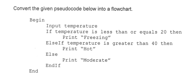 Convert the given pseudocode below into a flowchart.
Begin
Input temperature
If temperature is less than or equals 20 then
Print "Freezing"
ElseIf temperature is greater than 40 then
Print "Hot"
Else
Print "Moderate"
EndIf
End
