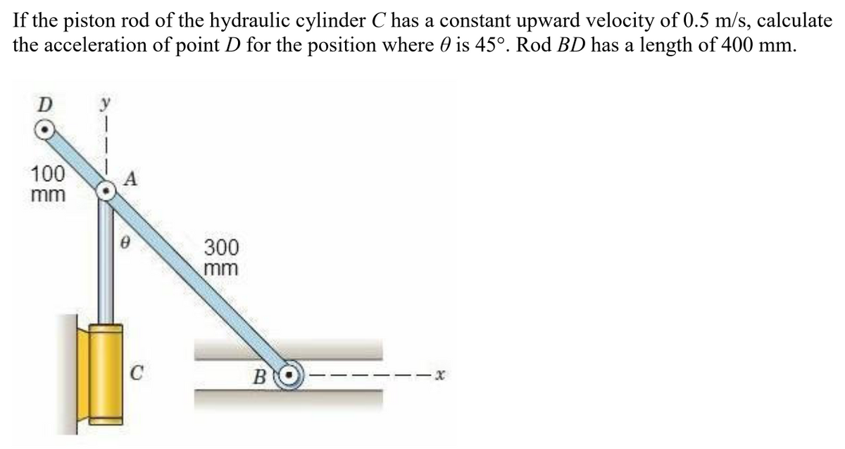 If the piston rod of the hydraulic cylinder C has a constant upward velocity of 0.5 m/s, calculate
the acceleration of point D for the position where 0 is 45°. Rod BD has a length of 400 mm.
y
100
mm
300
mm
C
BO
