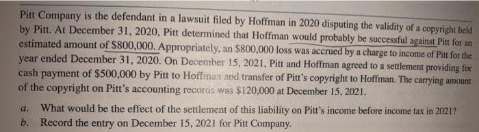 Pitt Company is the defendant in a lawsuit filed by Hoffman in 2020 disputing the validity of a copyright held
by Pitt. At December 31, 2020, Pitt determined that Hoffman would probably be successful against Pitt for an
estimated amount of $800,000. Appropriately, an $800,000 loss was accrued by a charge to income of Pitt for the
year ended December 31, 2020. On December 15, 2021, Pitt and Hoffman agreed to a settlement providing for
cash payment of $500,000 by Pitt to Hoffman and transfer of Pitt's copyright to Hoffman. The carrying amount
of the copyright on Pitt's accounting records was $120,000 at December 15, 2021.
a. What would be the effect of the settlement of this liability on Pitt's income before income tax in 2021?
b. Record the entry on December 15, 2021 for Pitt Company.
