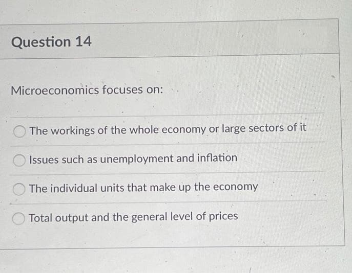 Question 14
Microeconomics focuses on:
The workings of the whole economy or large sectors of it
Issues such as unemployment and inflation
The individual units that make up the economy
Total output and the general level of prices
