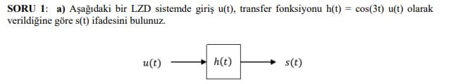 SORU 1: a) Aşağıdaki bir LZD sistemde giriş u(t), transfer fonksiyonu h(t) = cos(3t) u(t) olarak
verildiğine göre s(t) ifadesini bulunuz.
u(t)
h(t)
s(t)
