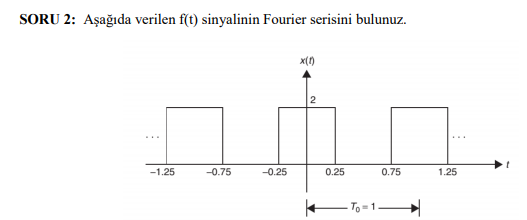 SORU 2: Aşağıda verilen f(t) sinyalinin Fourier serisini bulunuz.
x(1)
...
-1.25
-0.75
-0.25
0.25
0.75
1.25
To=1
