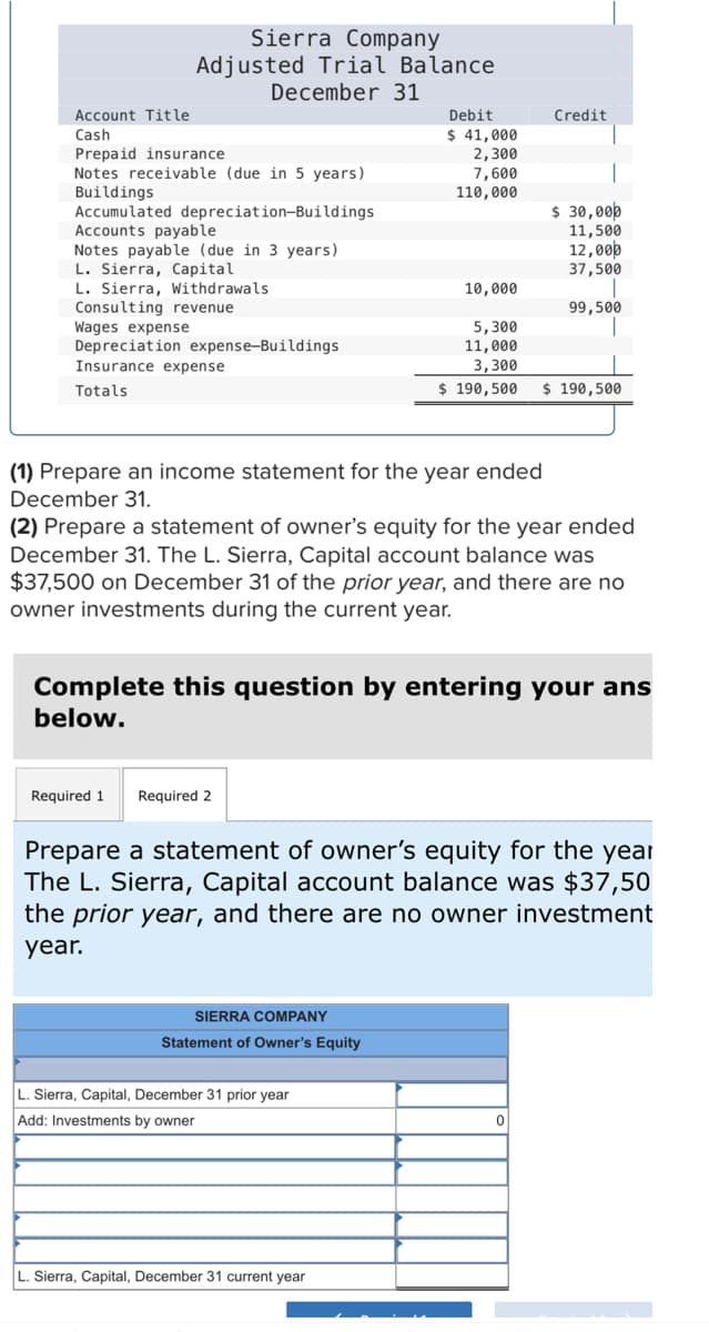 Sierra Company
Adjusted Trial Balance
December 31
Account Title
Cash
Prepaid insurance
Notes receivable (due in 5 years)
Buildings
Accumulated depreciation-Buildings
Accounts payable
Notes payable (due in 3 years)
L. Sierra, Capital
L. Sierra, Withdrawals
Consulting revenue
Wages expense
Depreciation expense-Buildings
Insurance expense
Debit
$ 41,000
2,300
7,600
110,000
Credit
$ 30,000
11,500
12,00p
37,500
10,000
99,500
5,300
11,000
3,300
$ 190,500
Totals
$ 190,500
(1) Prepare an income statement for the year ended
December 31.
(2) Prepare a statement of owner's equity for the year ended
December 31. The L. Sierra, Capital account balance was
$37,500 on December 31 of the prior year, and there are no
owner investments during the current year.
Complete this question by entering your ans
below.
Required 1
Required 2
Prepare a statement of owner's equity for the year
The L. Sierra, Capital account balance was $37,50
the prior year, and there are no owner investment
year.
SIERRA COMPANY
Statement of Owner's Equity
L. Sierra, Capital, December 31 prior year
Add: Investments by owner
L. Sierra, Capital, December 31 current year
