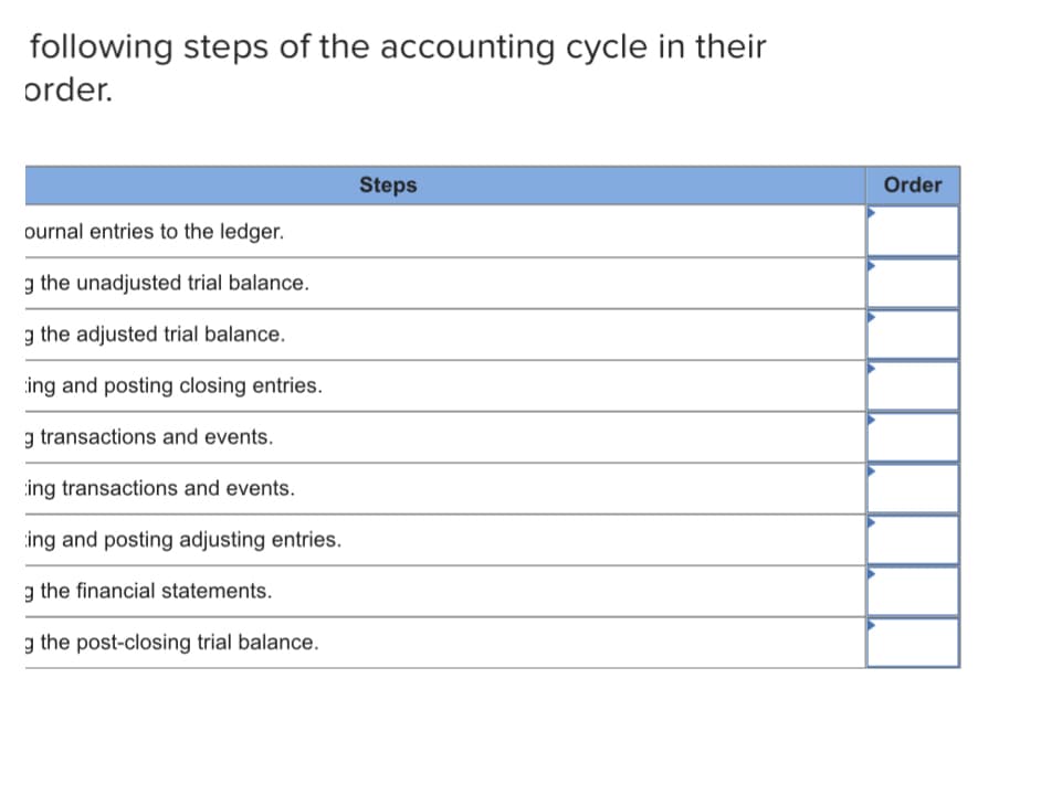 following steps of the accounting cycle in their
order.
Steps
Order
ournal entries to the ledger.
g the unadjusted trial balance.
g the adjusted trial balance.
ing and posting closing entries.
g transactions and events.
ing transactions and events.
ing and posting adjusting entries.
g the financial statements.
g the post-closing trial balance.
