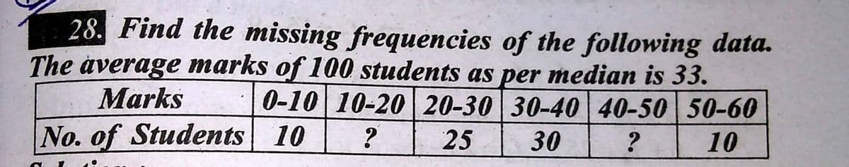 28. Find the missing frequencies of the following data.
The average marks of 100 students as per median is 33.
Marks 0-10 10-20 20-30 30-40 40-50 50-60
No. of Students 10 ?
25
30
?
10