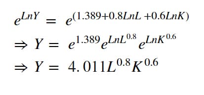 elnY
e(1.389+0.8LNL +0.6LnK)
→ Y = el.389 ¿LNL08 LnK06
» Y =
4. 011L0.8 K 0.6
