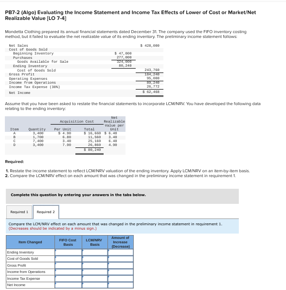 PB7-2 (Algo) Evaluating the Income Statement and Income Tax Effects of Lower of Cost or Market/Net
Realizable Value (LO 7-4)
Mondetta Clothing prepared its annual financial statements dated December 31. The company used the FIFO inventory costing
method, but it failed to evaluate the net realizable value of its ending inventory. The preliminary income statement follows:
Net Sales
Cost of Goods Sold
$ 428, 080
$ 47, 808
277, B08
324, BO
во, 248
Beginning Inventory
Purchases
Goods Available for Sale
Ending Inventory
Cost of Goods Sold
243, 760
184, 248
95,080
的,248
26,772
Gross Profit
Operating Expenses
Income from Operations
Incone Tax Exреnse (38л)
Net Incone
$ 62,468
Assume that you have been asked to restate the financial statements to incorporate LCM/NRV. You have developed the following data
relating to the ending inventory:
Net
Realizable
Value per
Acquisition Coast
Item
Quantity
3, 400
1, 708
7, 400
3, 408
Per Unit
S 4.90
6. B0
3.40
7.90
Total
$ 16, 660 $ 6.48
11, 560
25, 160
26, 868
$ 88, 240
Linit
A
3.48
6.48
B
D
4.98
Required:
1. Restate the income statement to reflect LCM/NRV valuation of the ending inventory. Apply LCM/NRV on an item-by-item basis.
2. Compare the LCM/NRV effect on each amount that was changed in the preliminary income statement in requirement 1.
Complete this question by entering your answers in the tabs below.
Required 1
Required 2
Compare the LCM/NRV effect on each amount that was changed in the preliminary income statement in requirement 1.
(Decreases should be indicated by a minus sign.)
Amount of
FIFO Cost
LCM/NRV
Item Changed
Increase
Basis
Basis
(Decrease)
Ending Inventory
Cost of Goods Sold
Gross Profit
Income from Operations
Income Tax Eхрепsе
Net Income
