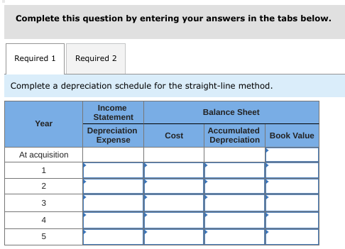 Complete this question by entering your answers in the tabs below.
Required 1
Required 2
Complete a depreciation schedule for the straight-line method.
Income
Balance Sheet
Statement
Year
Depreciation
Expense
Accumulated
Cost
Book Value
Depreciation
At acquisition
1
3

