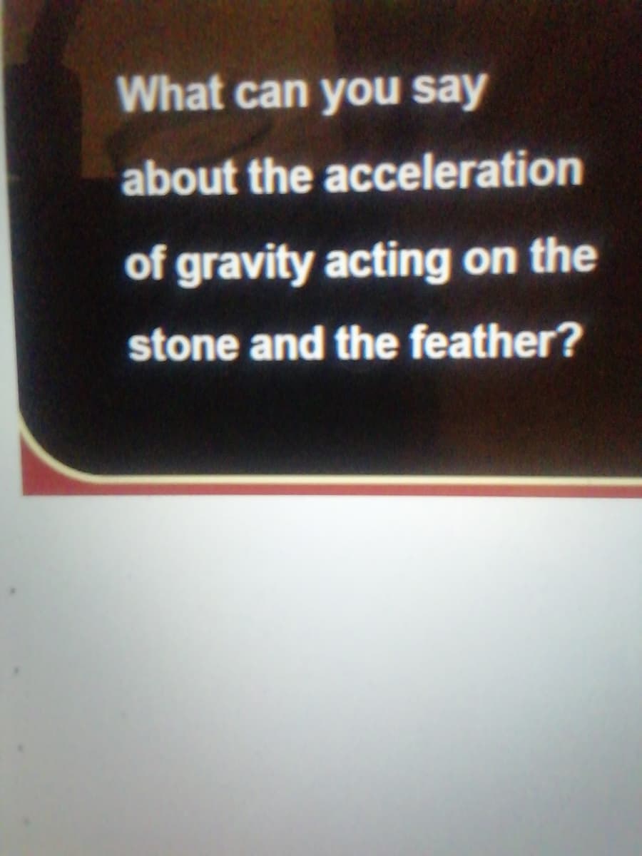 What can you say
about the acceleration
of gravity acting on the
stone and the feather?
