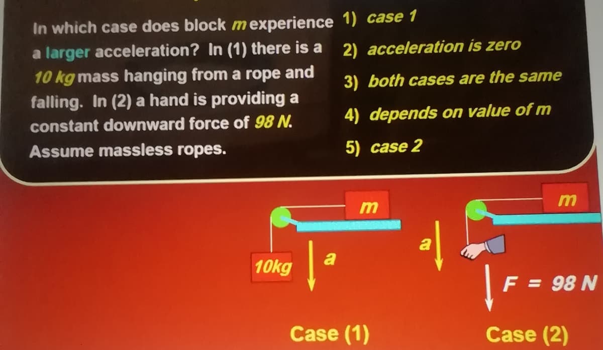 In which case does block mexperience 1) case 1
a larger acceleration? In (1) there is a 2) acceleration is zero
10 kg mass hanging from a rope and
3) both cases are the same
falling. In (2) a hand is providing a
4) depends on value of m
constant downward force of 98 N.
Assume massless ropes.
5) case 2
m
a
10kg
F = 98 N
Case (1)
Case (2)

