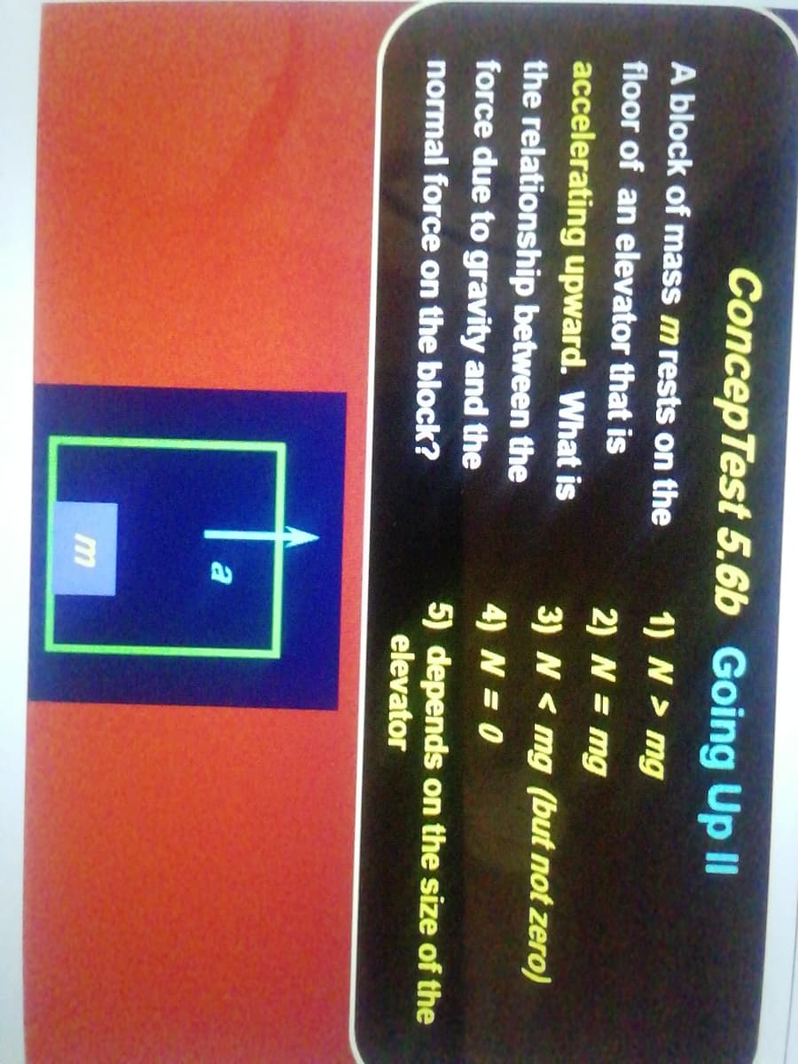 ConcepTest 5.6b Going Up II
A block of mass m rests on the
1) N > mg
floor of an elevator that is
2) N = mg
accelerating upward. What is
3) N < mg (but not zero)
the relationship between the
4) N = 0
force due to gravity and the
5) depends on the size of the
elevator
normal force on the block?
