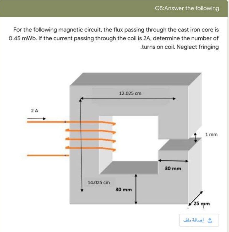 Q5:Answer the following
For the following magnetic circuit, the flux passing through the cast iron core is
0.45 mWb. If the current passing through the coil is 2A, determine the number of
.turns on coil. Neglect fringing
12.025 cm
2 A
1 mm
14.025 cm
30 mm
30 mm
/25 mm
ت إضافة ملف