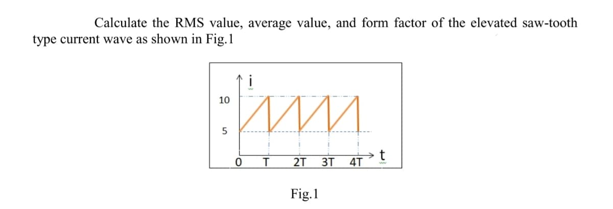 Calculate the RMS value, average value, and form factor of the elevated saw-tooth
type current wave as shown in Fig.1
i
10
5
2T
3T
4T
Fig.1
