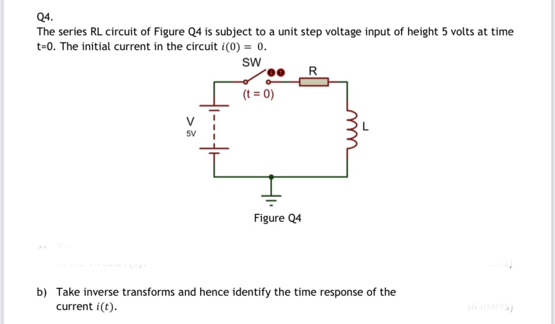 Q4.
The series RL circuit of Figure Q4 is subject to a unit step voltage input of height 5 volts at time
t=0. The initial current in the circuit i(0) = 0.
SW
(t = 0)
V
5V
Figure Q4
b) Take inverse transforms and hence identify the time response of the
current i(t).
(6 marks)
