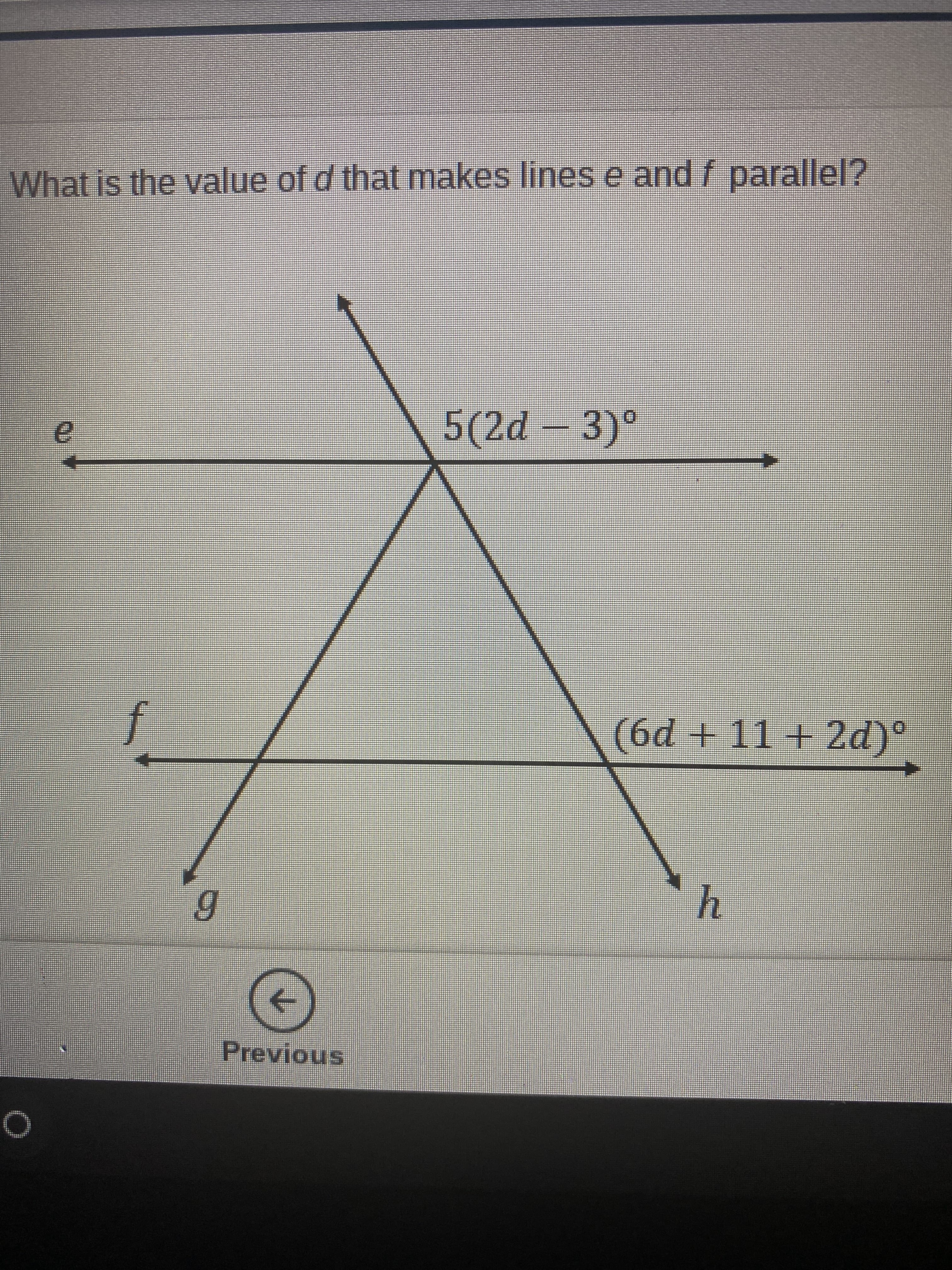 What is the value of d that makes lines e and f parallel?
