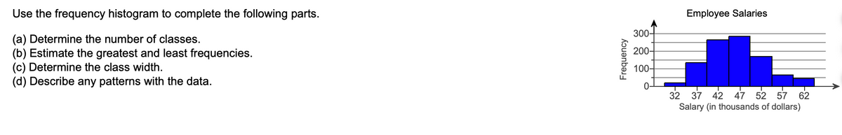 Use the frequency histogram to complete the following parts.
(a) Determine the number of classes.
(b) Estimate the greatest and least frequencies.
(c) Determine the class width.
(d) Describe any patterns with the data.
Frequency
300-
200-
100-
0-
Employee Salaries
T
T
T
32 37 42 47 52 57 62
Salary (in thousands of dollars)