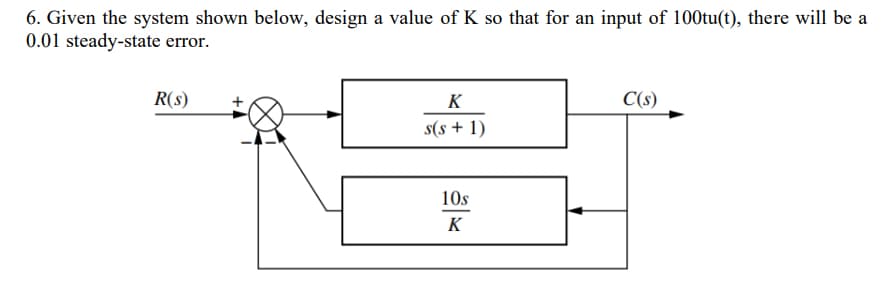 6. Given the system shown below, design a value of K so that for an input of 100tu(t), there will be a
0.01 steady-state error.
R(s)
K
s(s + 1)
10s
K
C(s)