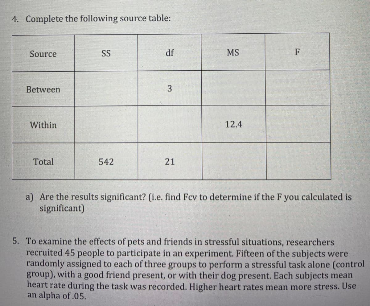 4. Complete the following source table:
Source
SS
df
MS
F
Between
Within
12.4
Total
542
21
a) Are the results significant? (i.e. find Fcv to determine if the F you calculated is
significant)
5. To examine the effects of pets and friends in stressful situations, researchers
recruited 45 people to participate in an experiment. Fifteen of the subjects were
randomly assigned to each of three groups to perform a stressful task alone (control
group), with a good friend present, or with their dog present. Each subjects mean
heart rate during the task was recorded. Higher heart rates mean more stress. Use
an alpha of .05.
3.
