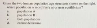 Given the two human population age structures shown on the right,
which population is most likely at or near equilibrium?
population A
population B
both populations
cannot determine
a.
b.
c.
d.
