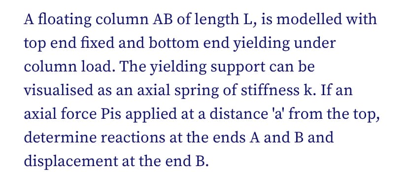 A floating column AB of length L, is modelled with
top end fixed and bottom end yielding under
column load. The yielding support can be
visualised as an axial spring of stiffness k. If an
axial force Pis applied at a distance 'a' from the top,
determine reactions at the ends A and B and
displacement at the end B.