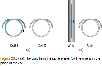 Coil
(b)
Coil 1
Coil 2
Wire
Coil
(a)
Figure 23.57 (a) The coils lie in the same plane. (b) The wire is in the
plane of the coil
