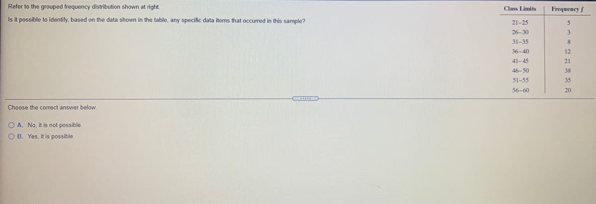 Refer to the grouped frequency distribution shown at right.
Class Limits
Frequency f
Is it possible to identify, based on the data shown in the table, any specific data items that occurred in this sample?
21-25
26-30
3
31-35
8.
36-40
12
41-45
21
46-50
38
51-55
35
56-60
20
--...
Choose the correct answer below.
O A. No, it is not possible.
O B. Yes, it is possible.
