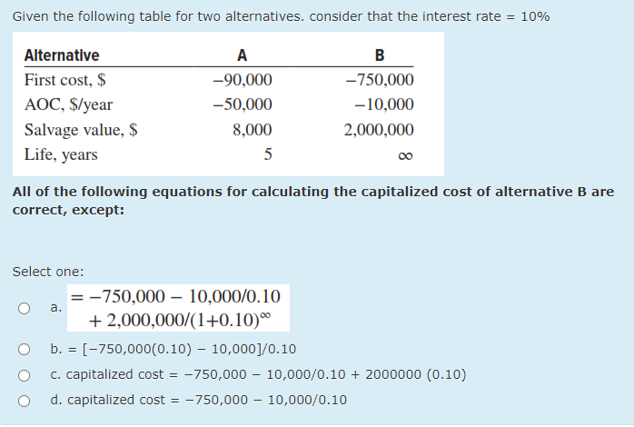 Given the following table for two alternatives. consider that the interest rate = 10%
Alternative
A
B
First cost, $
-90,000
-750,000
AOC, $/year
-50,000
-10,000
Salvage value, $
Life, years
8,000
2,000,000
00
All of the following equations for calculating the capitalized cost of alternative B are
correct, except:
Select one:
= -750,000 – 10,000/0.10
a.
+ 2,000,000/(1+0.10)
b. = [-750,000(0.10) – 10,000]/0.10
c. capitalized cost = -750,000 – 10,000/0.10 + 2000000 (0.10)
d. capitalized cost = -750,000 – 10,000/0.10
