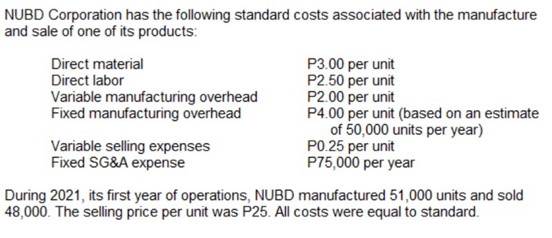 NUBD Corporation has the following standard costs associated with the manufacture
and sale of one of its products:
P3.00 per unit
P2.50 per unit
P2.00 per unit
P4.00 per unit (based on an estimate
of 50,000 units per year)
P0.25 per unit
P75,000 per year
Direct material
Direct labor
Variable manufacturing overhead
Fixed manufacturing overhead
Variable selling expenses
Fixed SG&A expense
During 2021, its first year of operations, NUBD manufactured 51,000 units and sold
48,000. The selling price per unit was P25. All costs were equal to standard.

