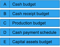 A Cash budget
B
Cash receipt budget
C Production budget
D
Cash payment schedule
E Capital assets budget