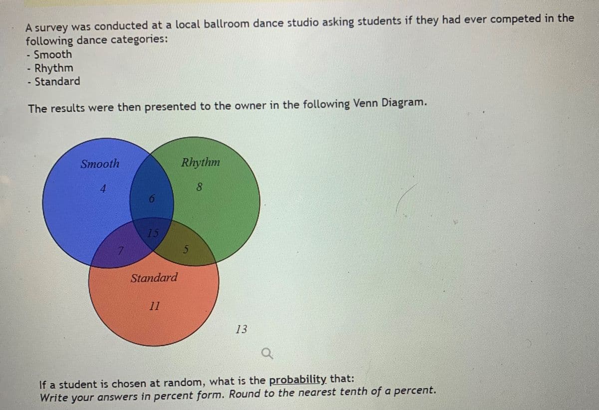 A survey was conducted at a local ballroom dance studio asking students if they had ever competed in the
following dance categories:
- Smooth
- Rhythm
- Standard
The results were then presented to the owner in the following Venn Diagram.
Smooth
Rhythm
4.
15
Standard
11
13
If a student is chosen at random, what is the probability that:
Write your answers in percent form. Round to the nearest tenth of a percent.
