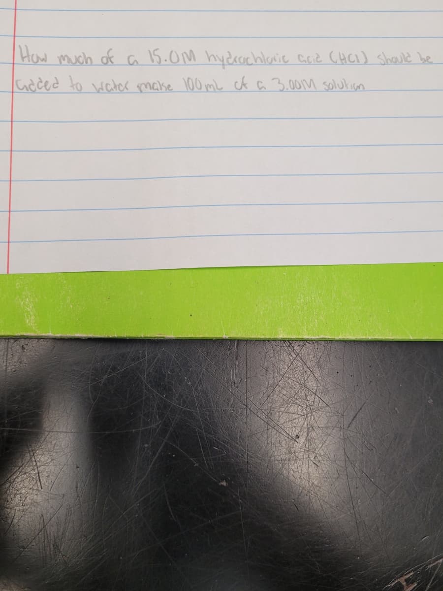 How much of a 15.0M hydeachlanie Grid CHCI) sheule be
Gdced to water make 100 mL ck a 3.00M solulrian

