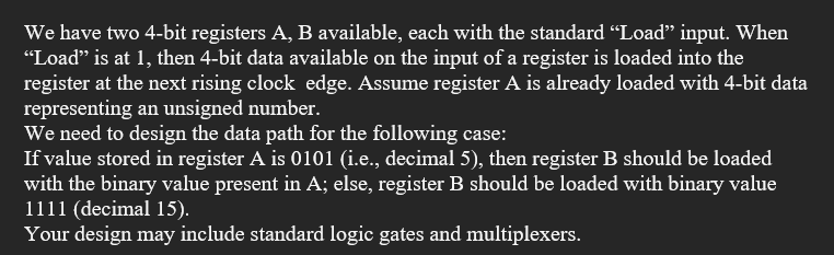 We have two 4-bit registers A, B available, each with the standard "Load" input. When
"Load" is at 1, then 4-bit data available on the input of a register is loaded into the
register at the next rising clock edge. Assume register A is already loaded with 4-bit data
representing an unsigned number.
We need to design the data path for the following case:
If value stored in register A is 0101 (i.e., decimal 5), then register B should be loaded
with the binary value present in A; else, register B should be loaded with binary value
1111 (decimal 15).
Your design may include standard logic gates and multiplexers.