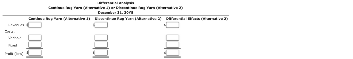 Revenues $
Costs:
Variable
Fixed
Differential Analysis
Continue Rug Yarn (Alternative 1) or Discontinue Rug Yarn (Alternative 2)
December 31, 20Y8
Continue Rug Yarn (Alternative 1) Discontinue Rug Yarn (Alternative 2) Differential Effects (Alternative 2)
Profit (loss)
$