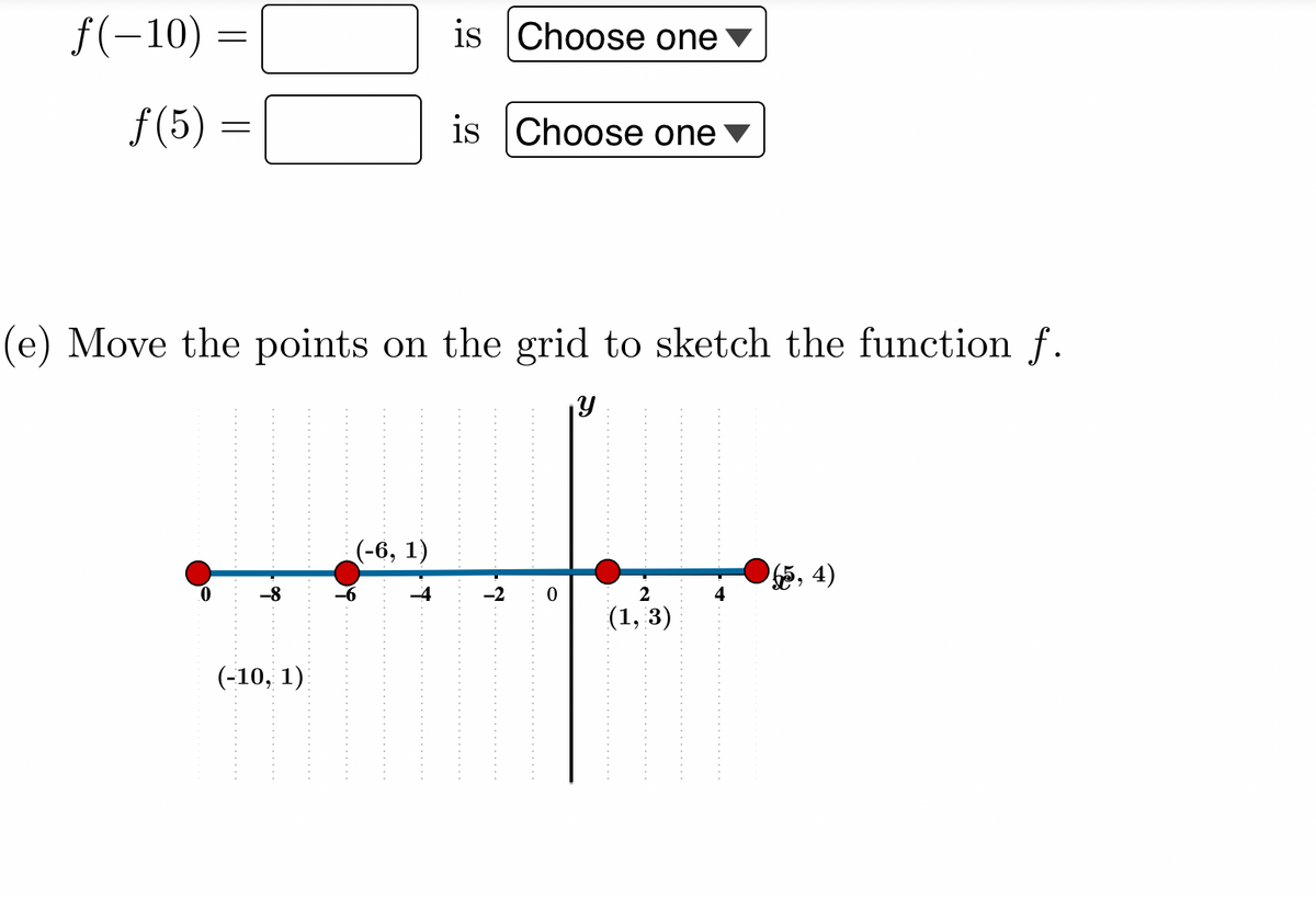 f(-10) =
ƒ(5)
=
(-10, 1)
is Choose one
(e) Move the points on the grid to sketch the function f.
(-6, 1)
is Choose one
-2
2
(1, 3)
65,4)