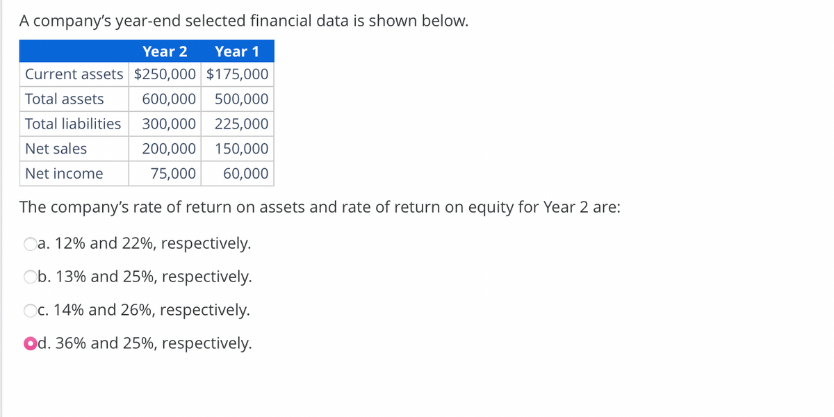 A company's year-end selected financial data is shown below.
Year 2 Year 1
Current assets $250,000 $175,000
Total assets
600,000 500,000
Total liabilities
300,000 225,000
Net sales
200,000
150,000
Net income
75,000
60,000
The company's rate of return on assets and rate of return on equity for Year 2 are:
a. 12% and 22%, respectively.
Ob. 13% and 25%, respectively.
Oc. 14% and 26%, respectively.
Od. 36% and 25%, respectively.