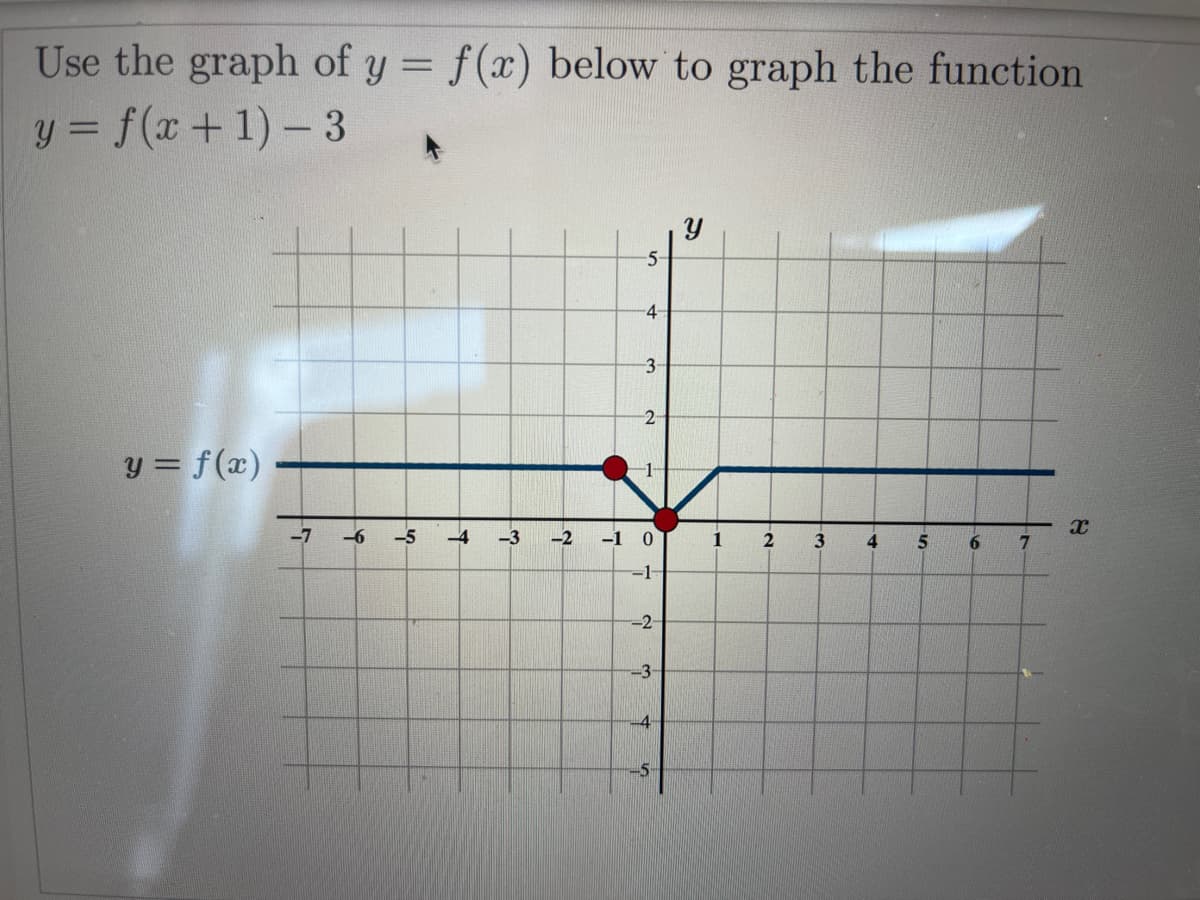 Use the graph of y = f(x) below to graph the function
y = f(x + 1)-3
y = f(x)
-7 -6
4.
£
-3
-2
-5-
-4-
3
-2
-10
-1-
-2-
-3-
4
-5
Y
1
2
3
4
5
6
7
X